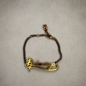 Balenciaga Valentine Typo Logo Brass Bracelet In Antique Gold w/ Box And Tag